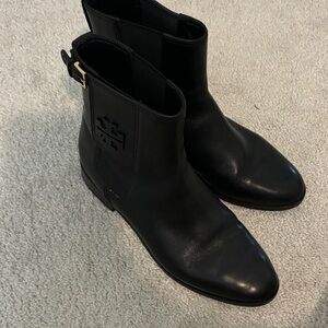 Tory Burch Black Leather Boots with Logo Accent